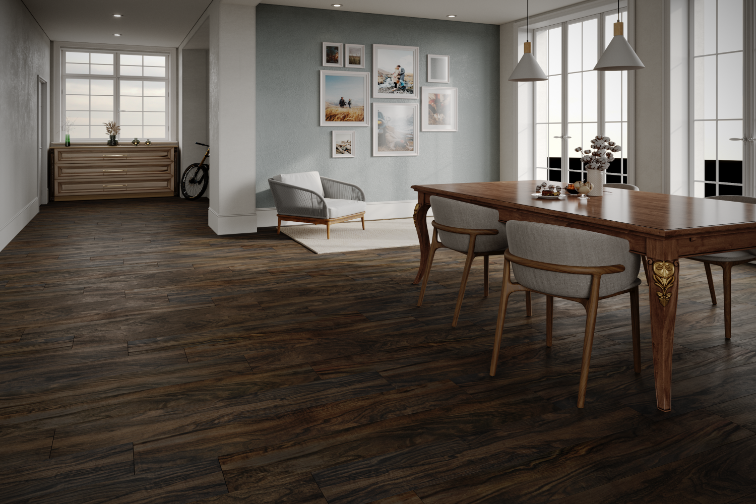 Кварцвиниловый SPC ламинат Art East Art Stone Narrow Орех Табако 142-ASL 1220×152×5 фото в интерьере